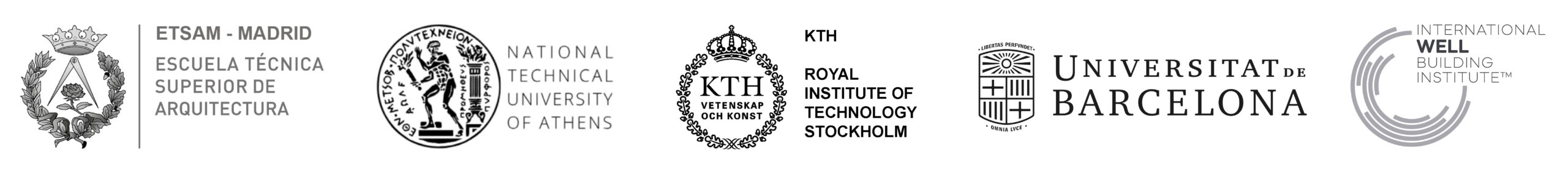 Wolfblanc Architects referenser - logotyper för Escuela Técnica Superior de Arquitectura de Madrid (ETSAM), National Technical University of Athens (NTUA), KTH Royal Institute of Technology Stockholm, University of Barcelona och WELL Building Institute Certified WELL AP