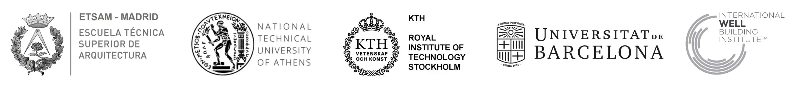 Wolfblanc Architects credentials — logos of Escuela Técnica Superior de Arquitectura de Madrid (ETSAM), National Technical University of Athens (NTUA), KTH Royal Institute of Technology Stockholm, University of Barcelona, and WELL Building Institute Certified WELL AP