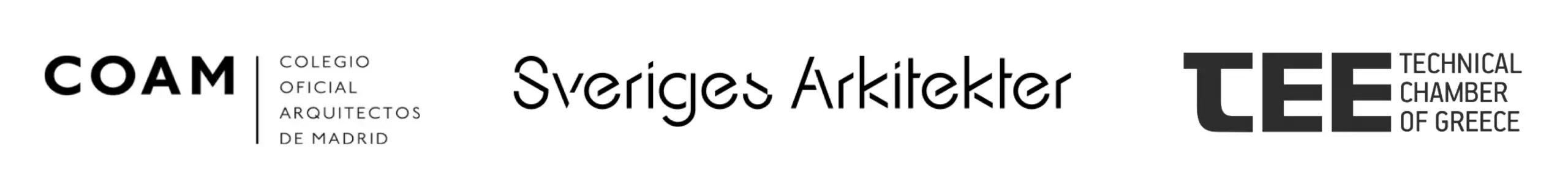 Membresías profesionales de Wolfblanc Architects: logotipos del Colegio Oficial de Arquitectos de Madrid (COAM), Sveriges Arkitekter (Asociación Sueca de Arquitectos) y la Cámara Técnica de Grecia (TEE).