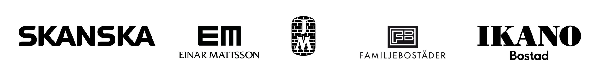 Wolfblanc Architects projekt och samarbeten - logotyper för Skanska, Einar Mattsson, JM, Familjebostäder och Ikano Bostad