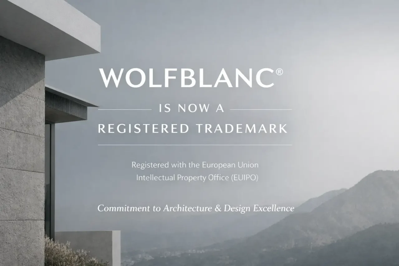 Architectural brand WOLFBLANC® officially registered as a European Union trademark under EUIPO, shown with minimalist architectural imagery.