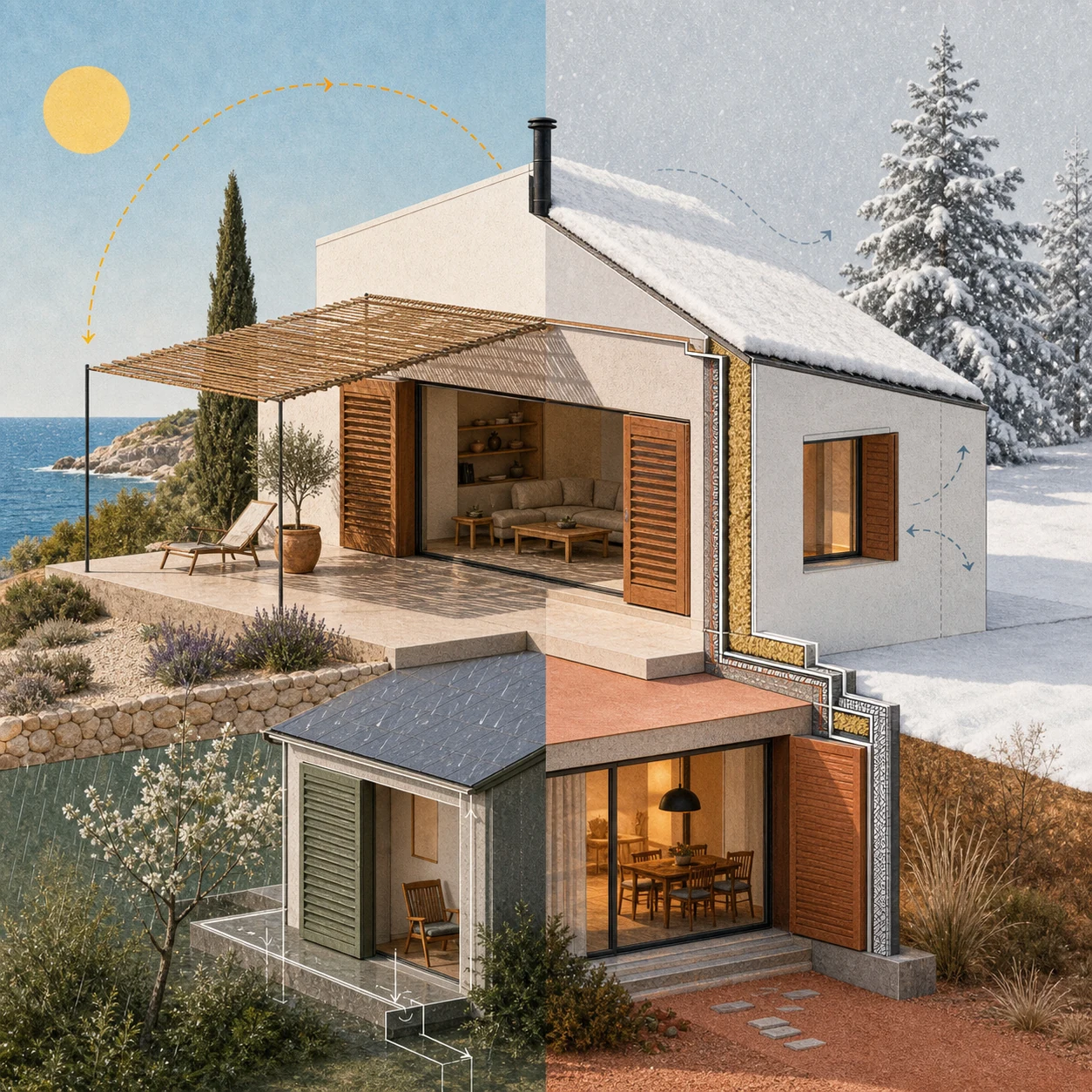 Een huis ontwerpen voor zowel de zomer als het hele jaar door: Lessen uit Spanje, Griekenland en Zweden
